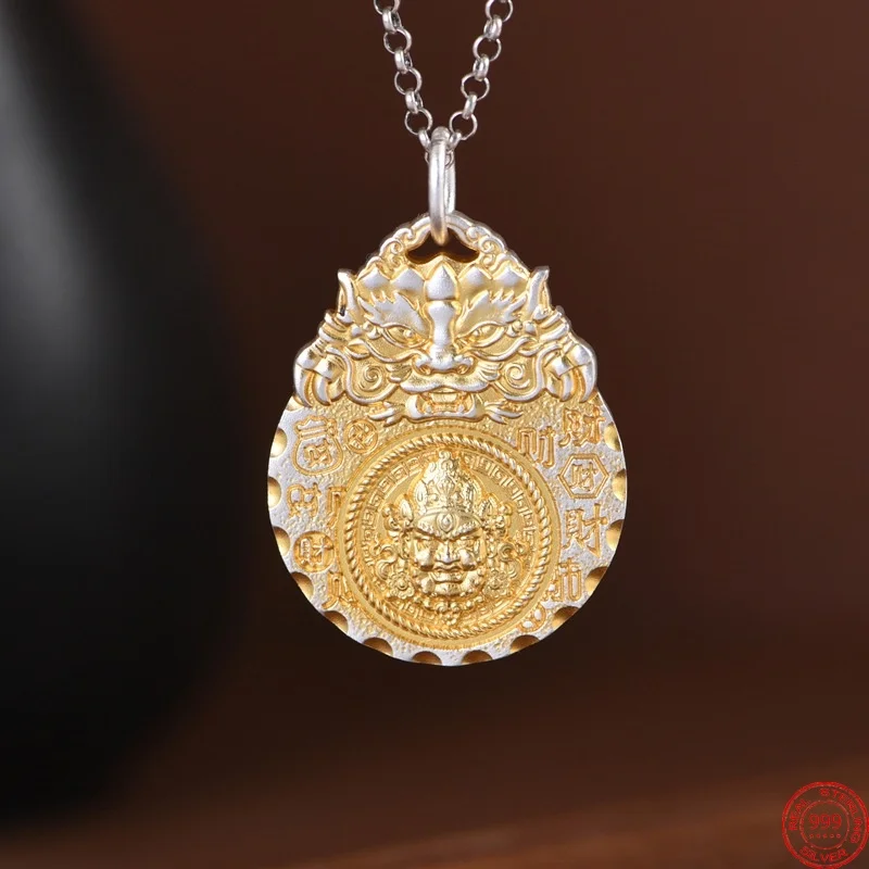 S999 Sterling Silver Pendants for Women Men Trace a Design in Gold Buddhism Yellow Jambhala Luck Letter Amulet Jewelry Wholesale