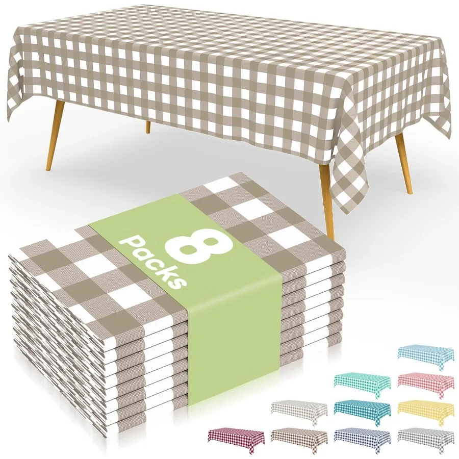 

8 упаковок одноразовой скатерти в клетку, 54x108 дюймов, водонепроницаемая пластиковая скатерть, прямоугольная, цвета хаки и белая клетчатая скатерть