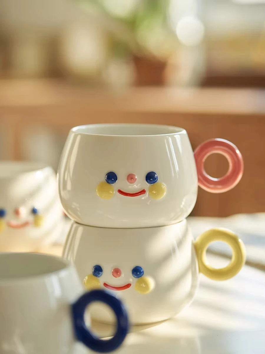 Cute Smiling Face Round Mug With Handle Home Simple Ceramic Water Cup Coffee Milk Cup Couple Girlfriend Cup Small Gift