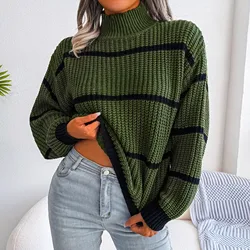 Women Striped Knit Loose Sweaters Lantern Long Sleeve Mock Neck Warm Pullovers Casual Streetwear Sweaters Autumn Winter Knit Top