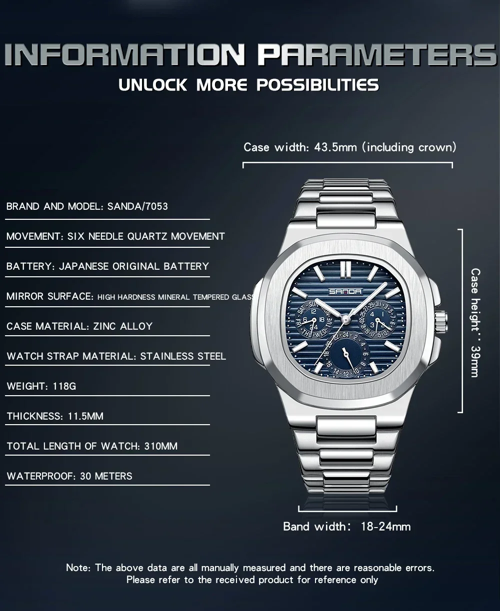 Sanda 7053 moda de luxo negócios à prova dwaterproof água relógio masculino luminoso data completa aço inoxidável quadrado quartzo relógio masculino reloj hombre