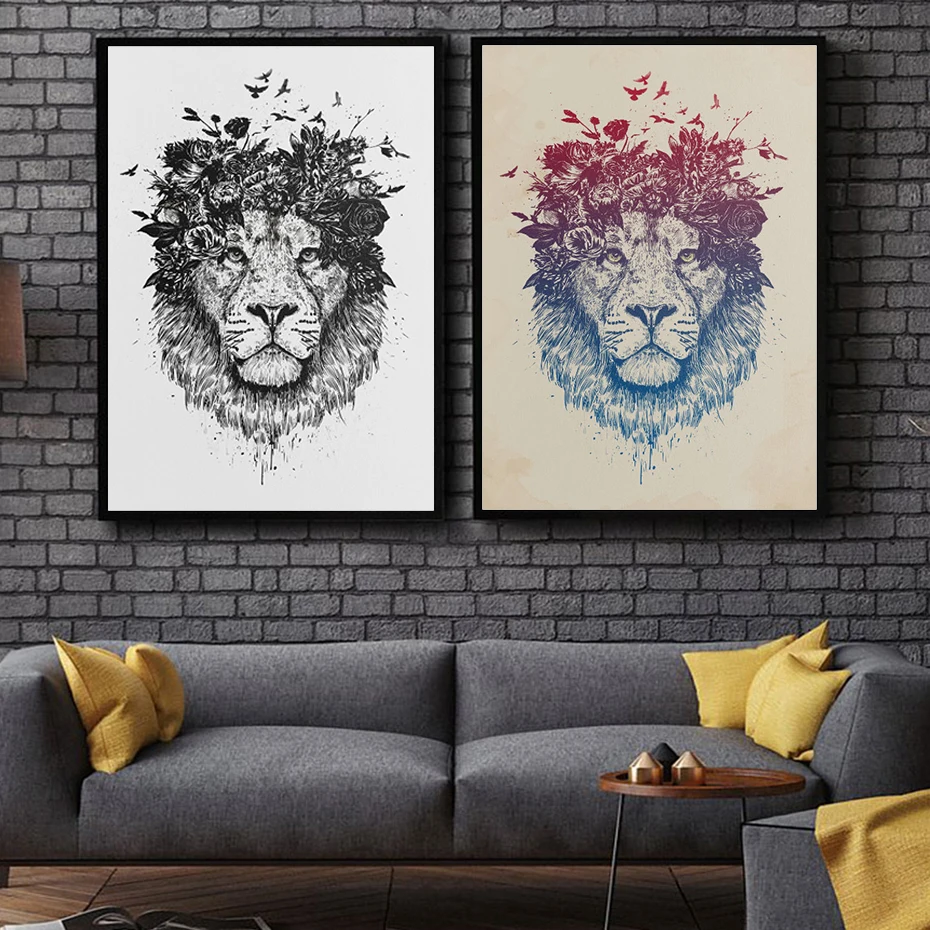

Abstract Animal Canvas Painting Home Decor, Nordic Wall Art Poster, Black and White Print Pigeon Pictures, Flowers and Lion