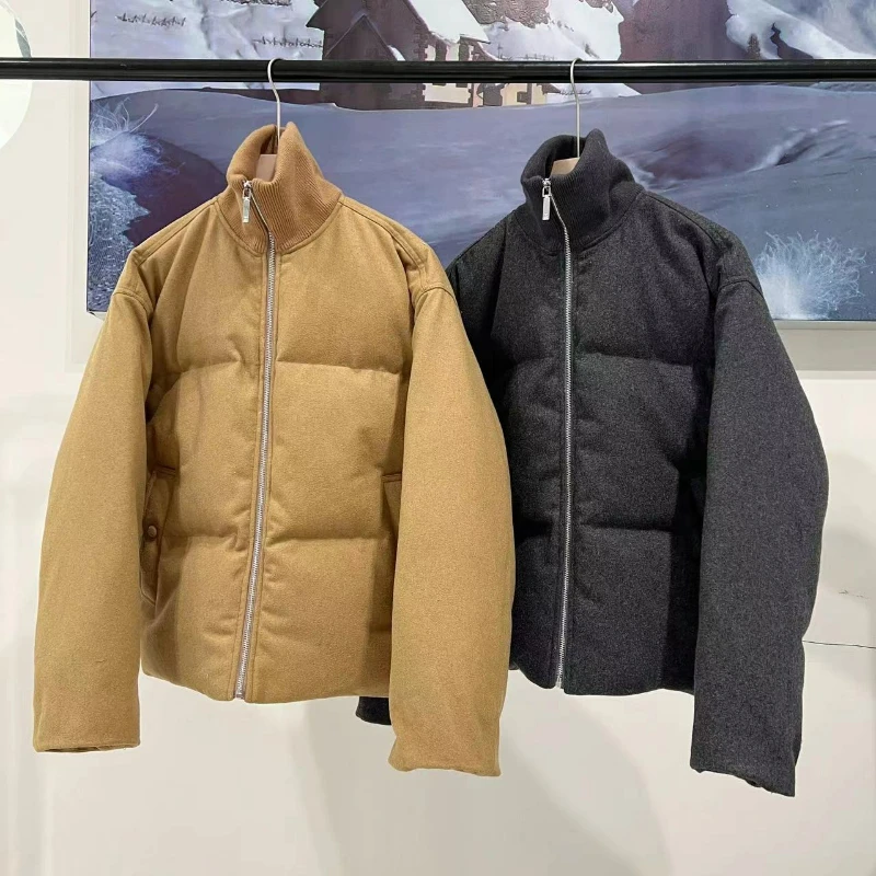 Women Niche 90% White Duck Down Coats Wool Blend Autumn Winter Ribbed Stand Collar Pocket Silhouette Jacket Warm Tops Puffer