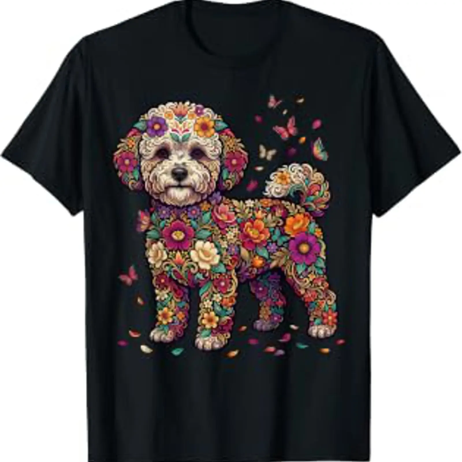 Camiseta Bichon Frise Chien Coloré Floral Papillon Fleurs Botanique vintage lavada, casual, transpirable y cómoda