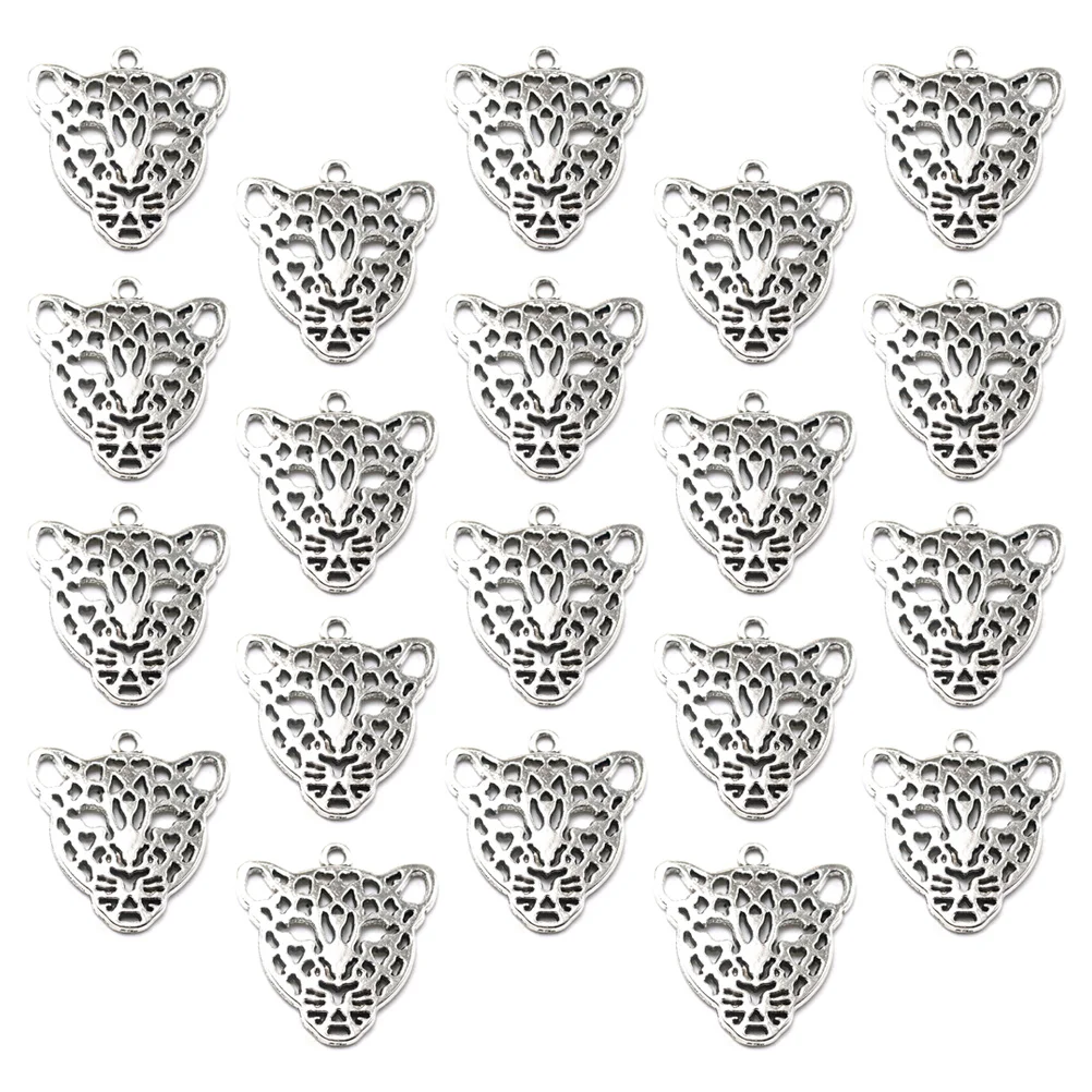 20pcs Hollow out Leopard Head Pendants DIY Alloy Charms Jewelry Making Accessory for Necklace Sweater Chain ( Silver)