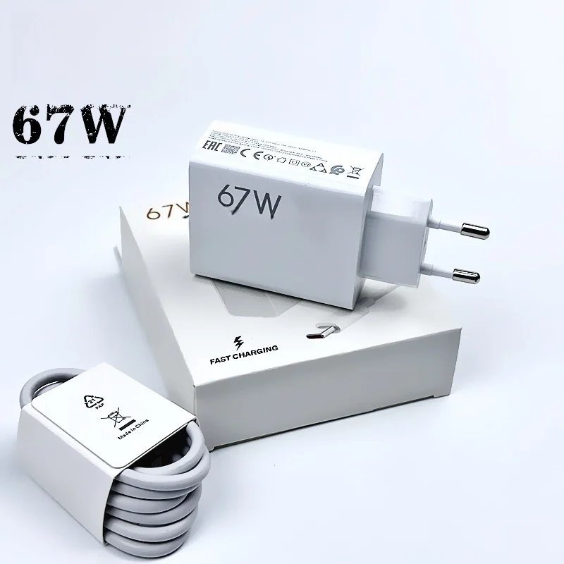 Carregador Xiaomi 67W Turbo com Cabo USB Tipo C para Carregamento Rápido, Fonte de Alimentação EU, para Redmi Note 11 12 13 Pro Mi 13 Lite