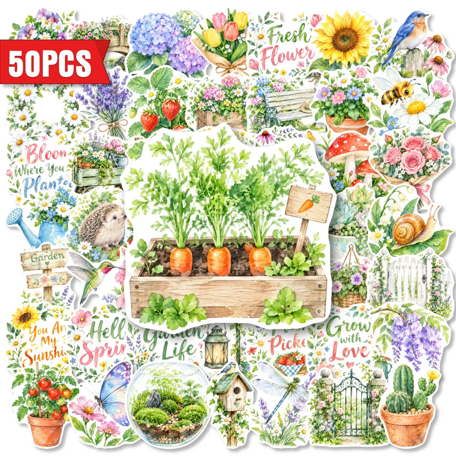 50 PCS Fresh Pastoral Style Green Plant Flower Stickers Hand Account Decorate Water Cup Notebook Window Helmet Waterproof Decals