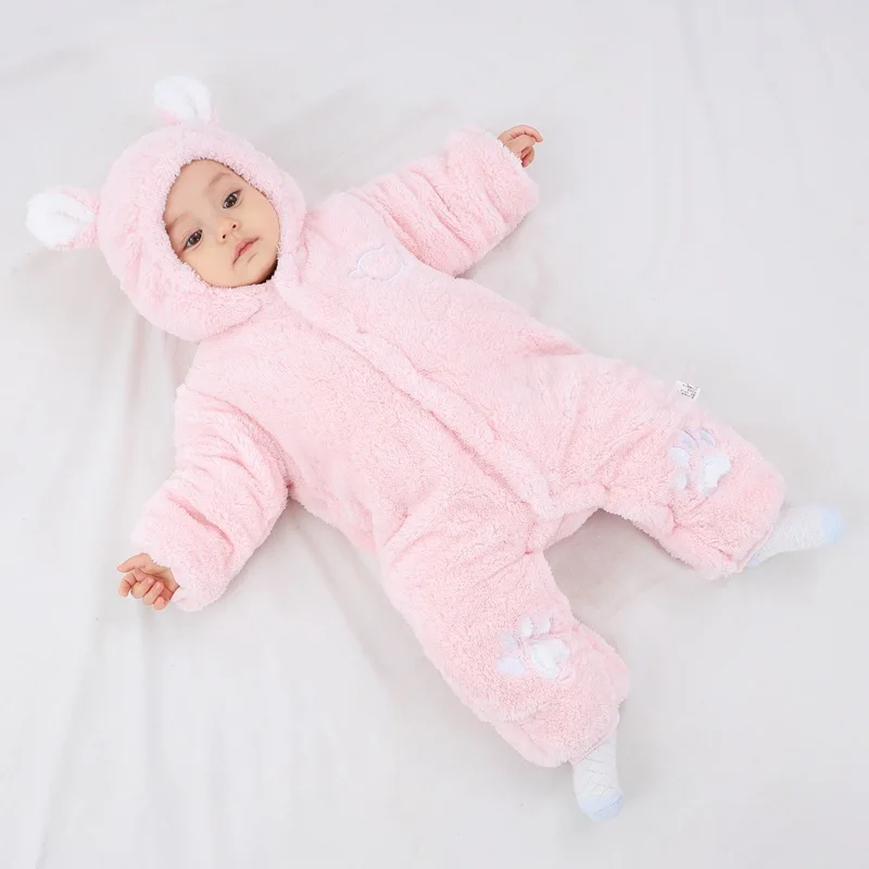 0-18M Newborn Thicken Baby Romper Girl Jumpsuit Warm Ear Hooded Children Clothing Kid Infant Playsuit Winter Outerwear A710