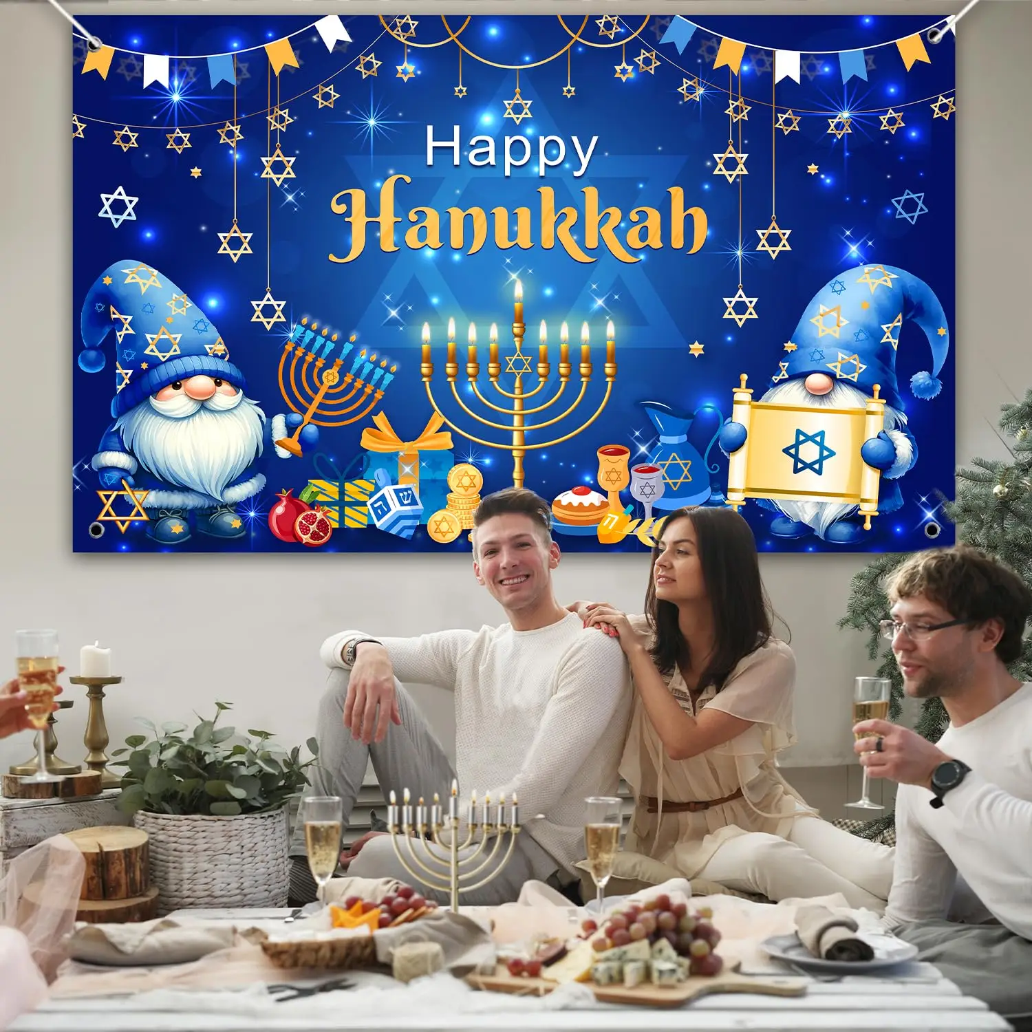 Happy Hanukkah Backdrop Banner Blue Shiny Lamps Chanukah Party Background for Hanukkah Decorations Photography Party Supplies