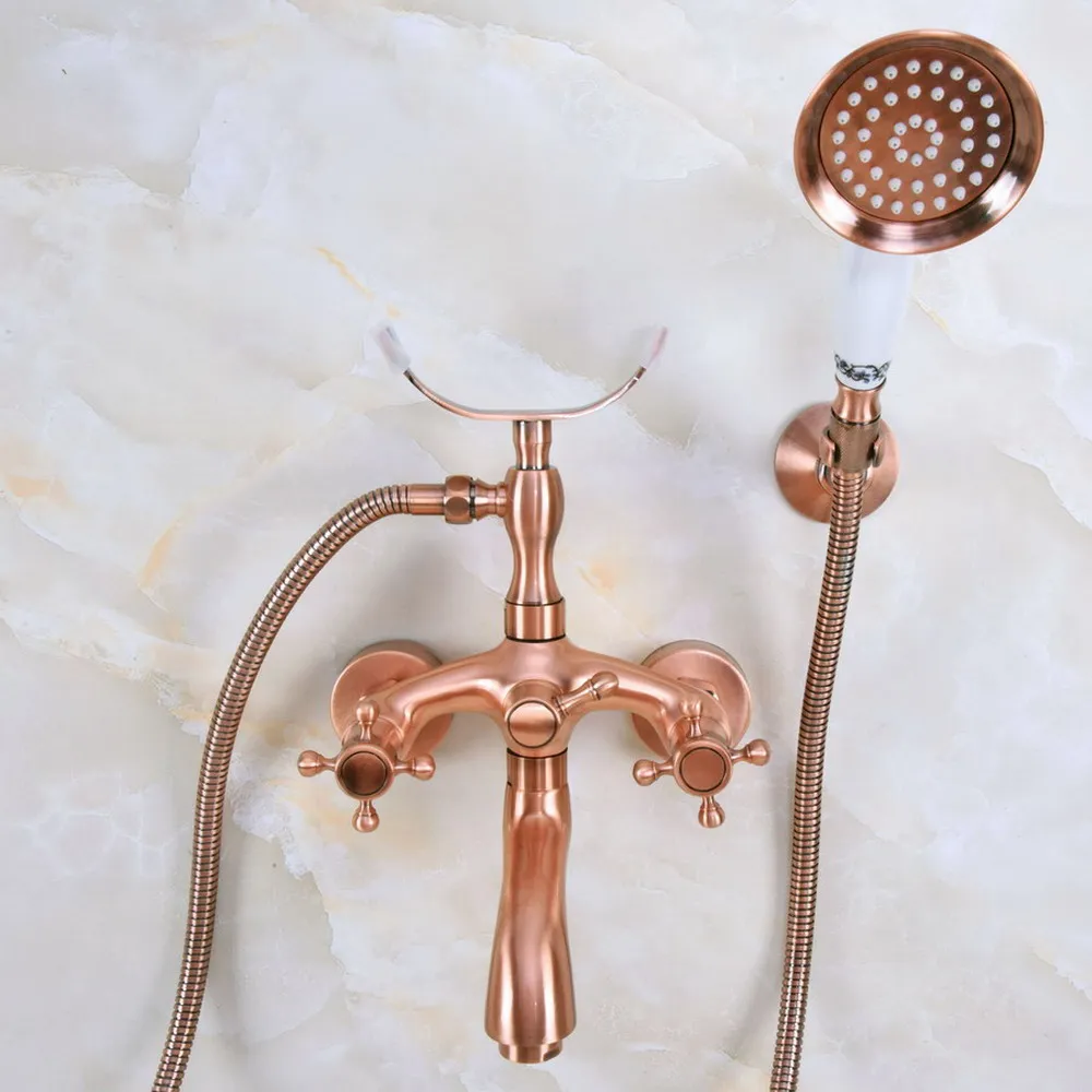 

Antique Red Copper Double Handle Wall Mounted Bathroom Bath Tub Faucet Set with 1500MM Hand Held Shower Spray Mixer Tap 2na370