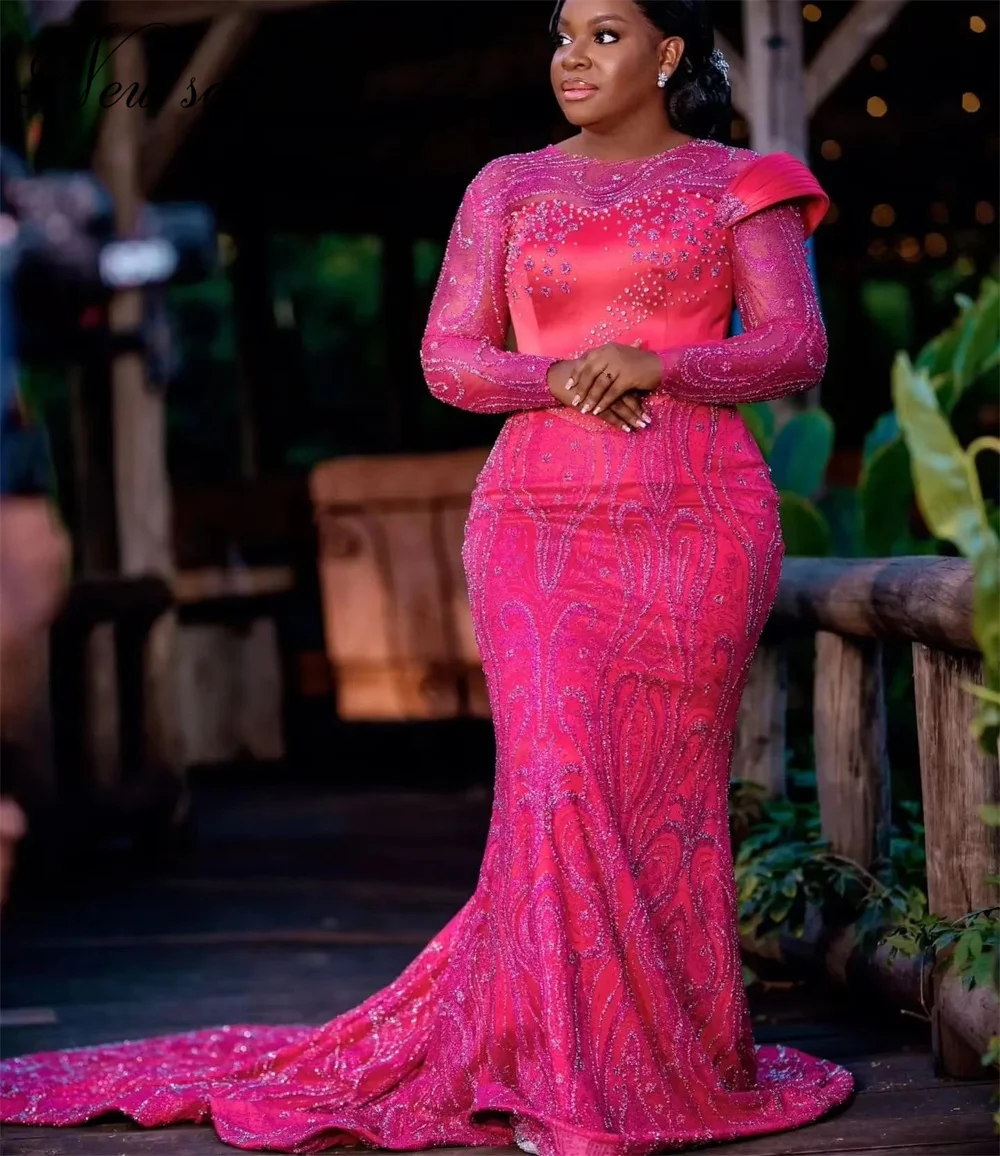 2025 فساتين لحضور الحفلات الموسيقية بحورية البحر باللون الأسود للفتيات من Vestidos De Noche بأكمام طويلة فساتين سهرة للحفلات الأفريقية حسب الطلب