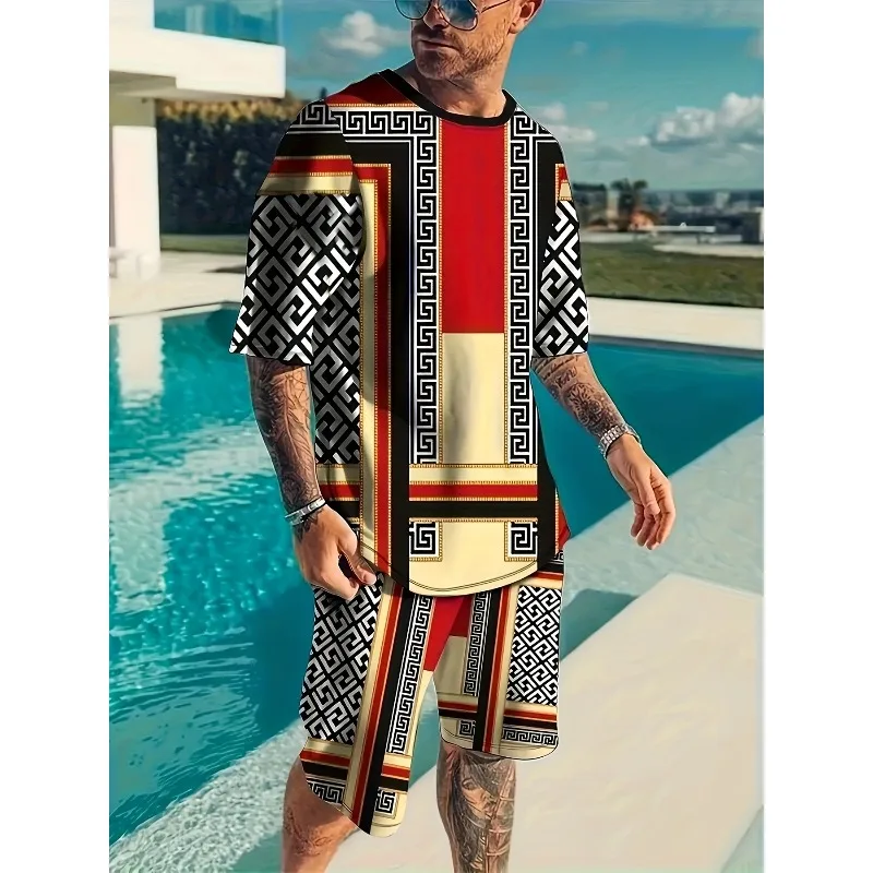 Summer 2025 3D Printed Leisure Sports Suit, Breathable Outdoor Men's Short Sleeved T-shirt Shorts Set, Outdoor Travel Outfit