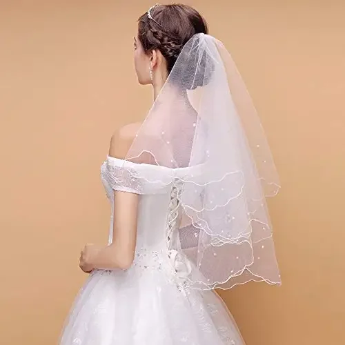 Vestido de casamento pérola véu camadas tule fita borda acessórios femininos de noiva