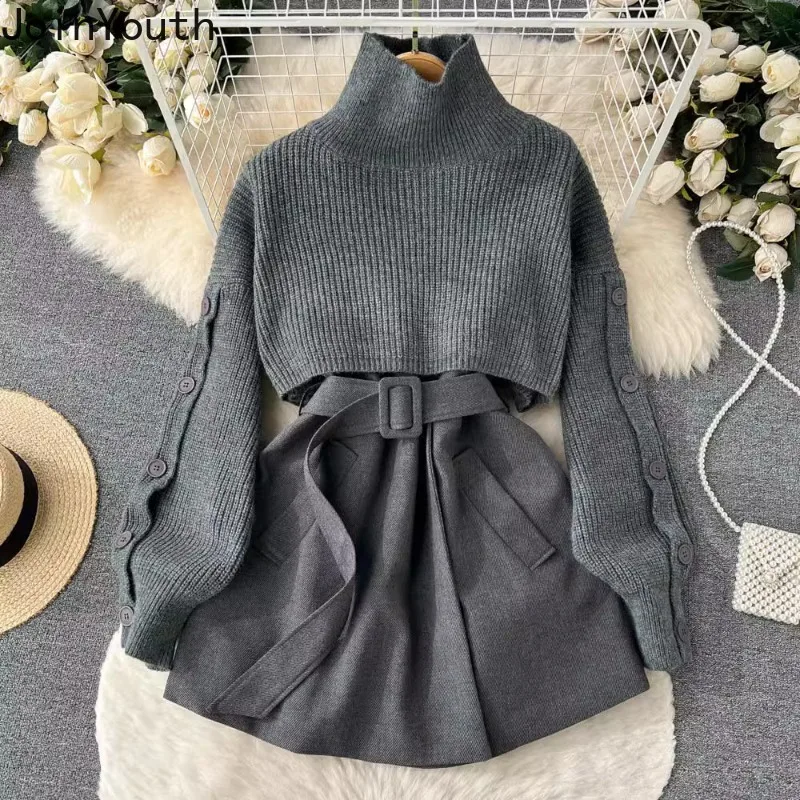 Korean Women Clothing Two Piece Sets Knitted Turtleneck Cropped Pullovers Slim Waist Mini Dress Outfits Chic Casual Suit 7n232