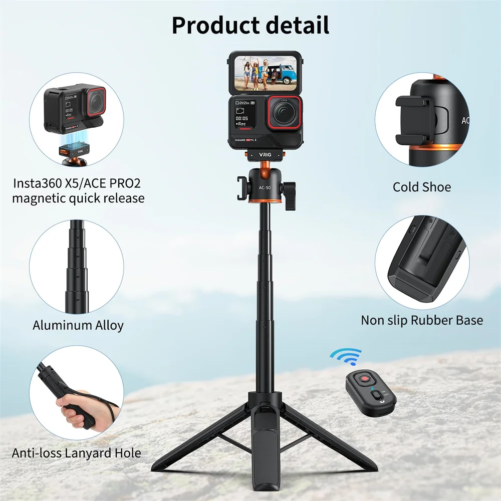 VRIG 360° Ball Head Magnetic Selfie Stick Tripod for Insta360 Ace Pro 2/ Ace Pro/ X5 Bluetooth Camera Tripod for Vlog Live Video