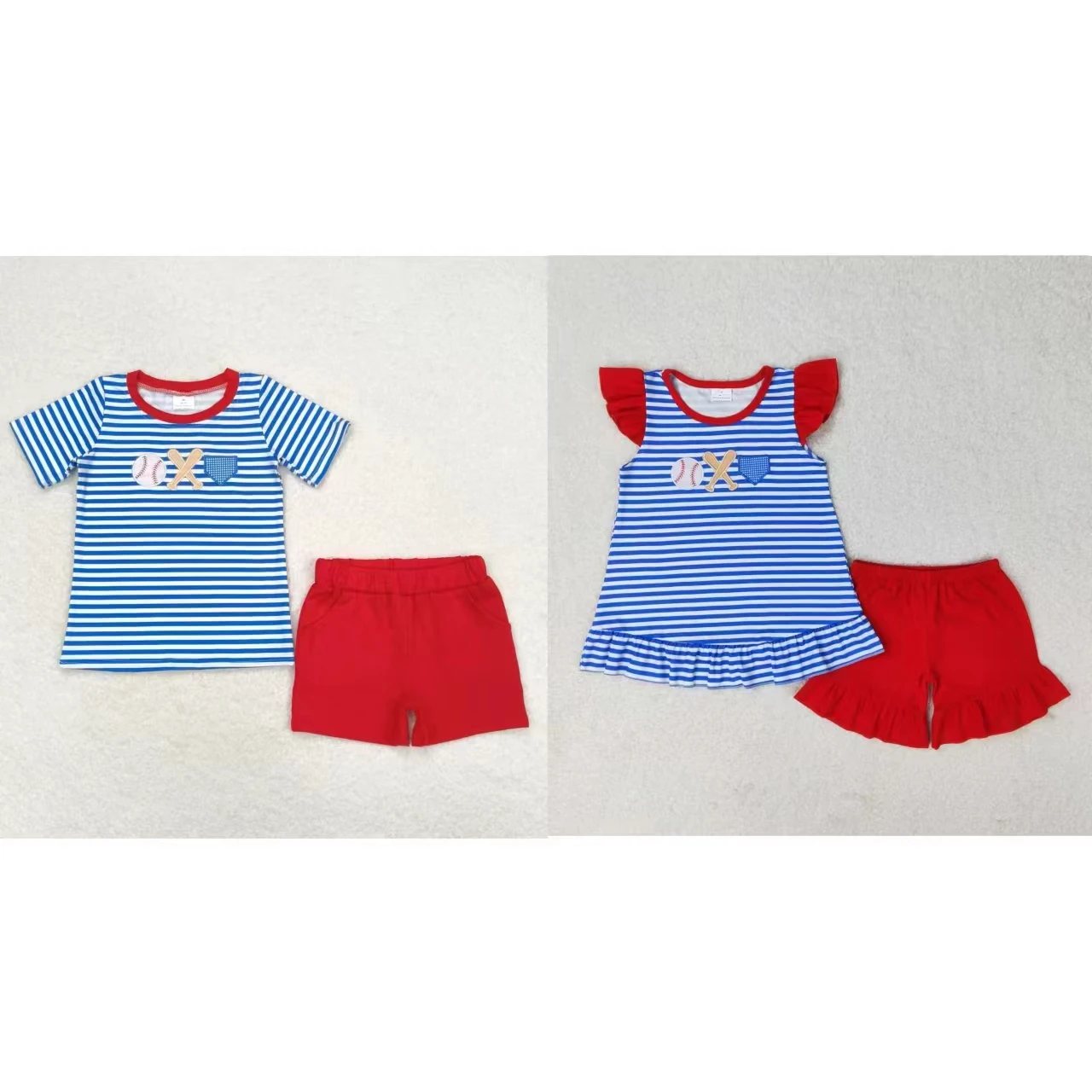 

Wholesale Children Embroidery Summer Ball Set Kids Short Sleeves Toddler Stripes Tops Red Shorts Baby Boy Girl Two Pieces Outfit