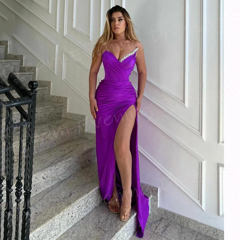 Charming Purple Mermaid Modern Women's Evening Dresses Classic V Neck Sleeveless Prom Gowns Popular Side Split Vestido De Noche