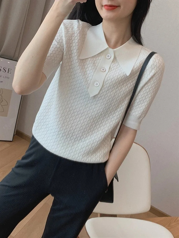 100% cotton women\'s short-sleeved summer new style POLO collar knitted vest wispy knitted T-shirt