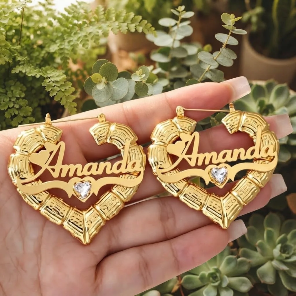 Pendientes de aro de bambú con forma de corazón y nombre personalizado para mujer, pendientes gruesos y retorcidos con circonita y piedra de nacimiento, un regalo de joyería ideal para ella.