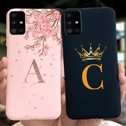 Fashion Crown Initial Letter Phone Case For Samsung Galaxy M51 SM-M515F Pink Flower Soft Silicone Back Cover For Samsung M51 4G