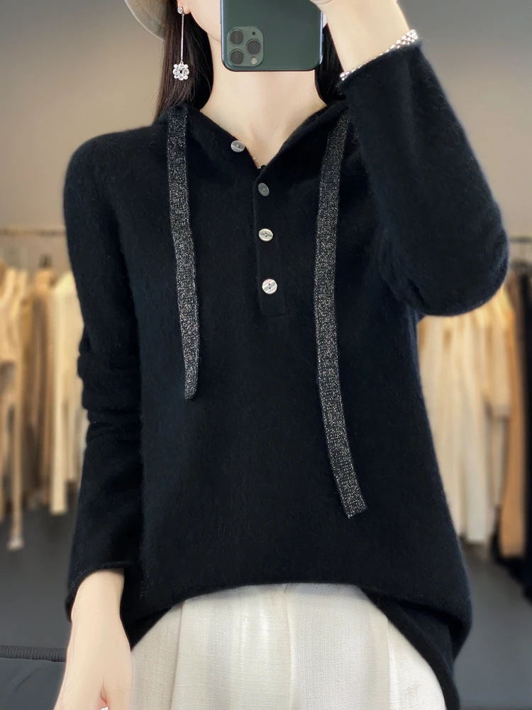 Autumn and Winter New Women's 100% Pure Merino Wool Hooded Casual Pullover Wool Sweater Seamless Knitted on One Side