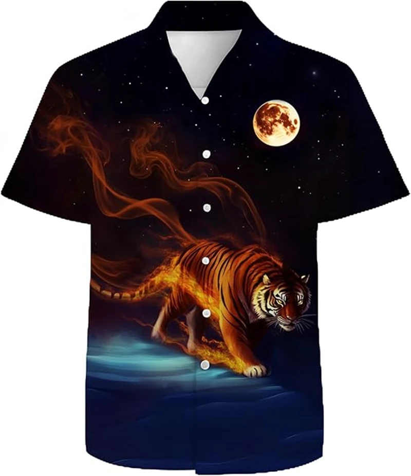 Camisas de Manga Curta com Estampa de Animais (Leão, Cavalo, Tigre) para Homens, Blusas Femininas com Estampa de Animais Havaianos, Blusas de Verão Mo