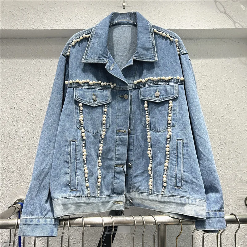 Spring Women Casual Heavy Work Beaded Denim Jacket Vintage Washed Blue Black Lapel Long Sleeve Jeans Jackets Female Streetwear