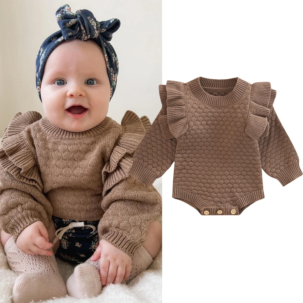 2022-07-14 Lioraitiin 0-24M Newborn Infant Baby Girl Romper Knit Ruffle Warm Long Sleeve Jumpsuit Toddler Fall Spring Clothing