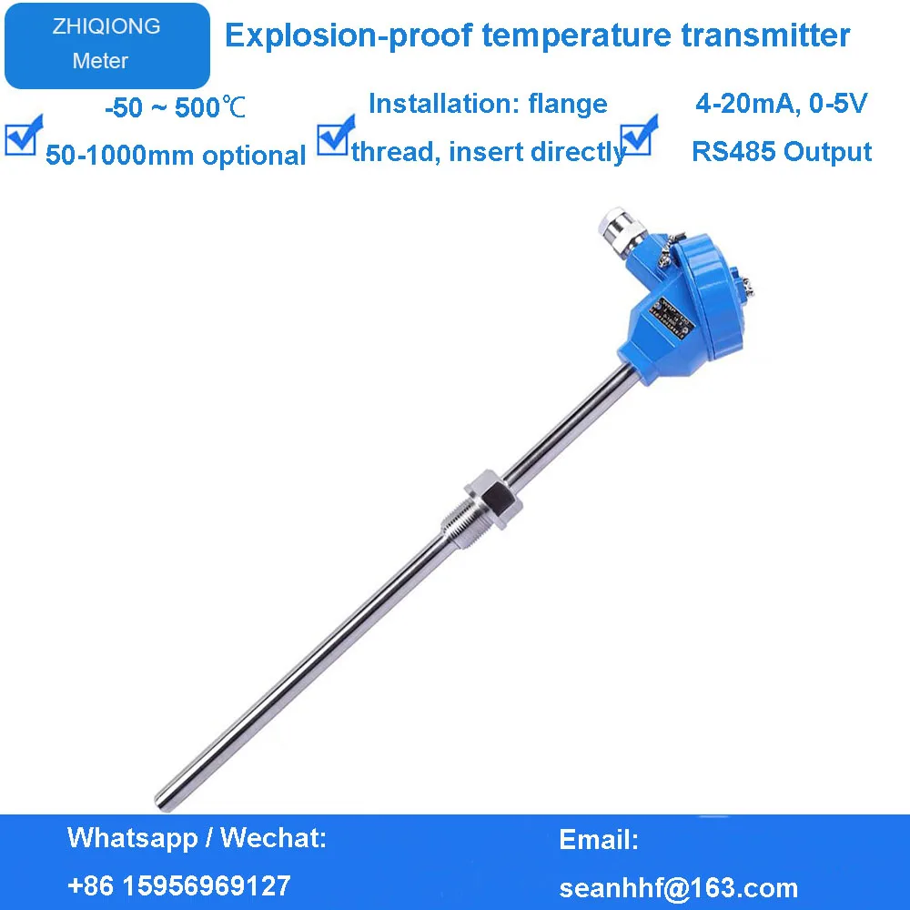 

Movable thread Pt100 4-20mA Explosion Proof Fuel Temperature Sensor Transmitter PT100 -200~+600℃ DC24V,DC12V IP65