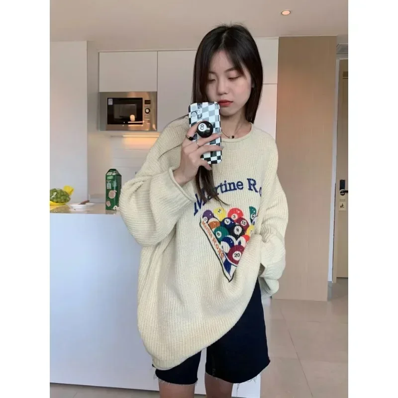 Casual Sweater Women\'s Pullover Loose Vintage Cartoon O-neck Cute Jacket Graffiti Billiard Knitted Pattern Fall Clothes