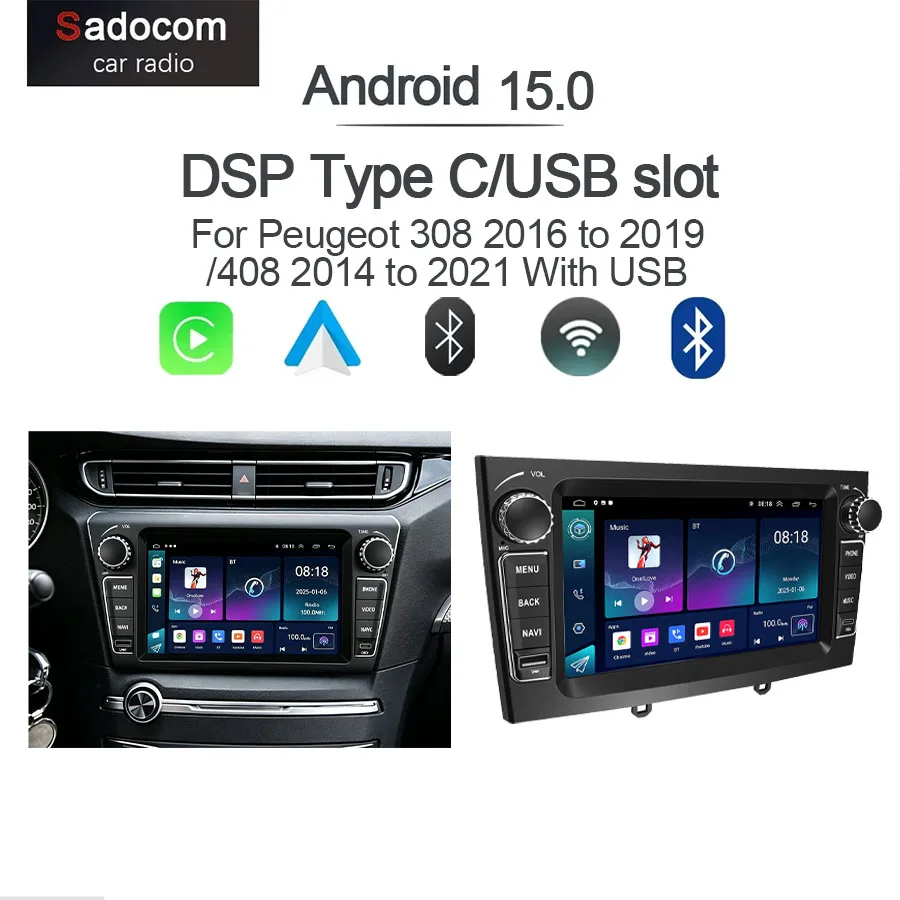 7“Android Car Radio For Peugeot 308 2016 to 2019 /408 2014 to 2021 With USB CarPlay Auto GPS Nav Bluetooth Steering Control