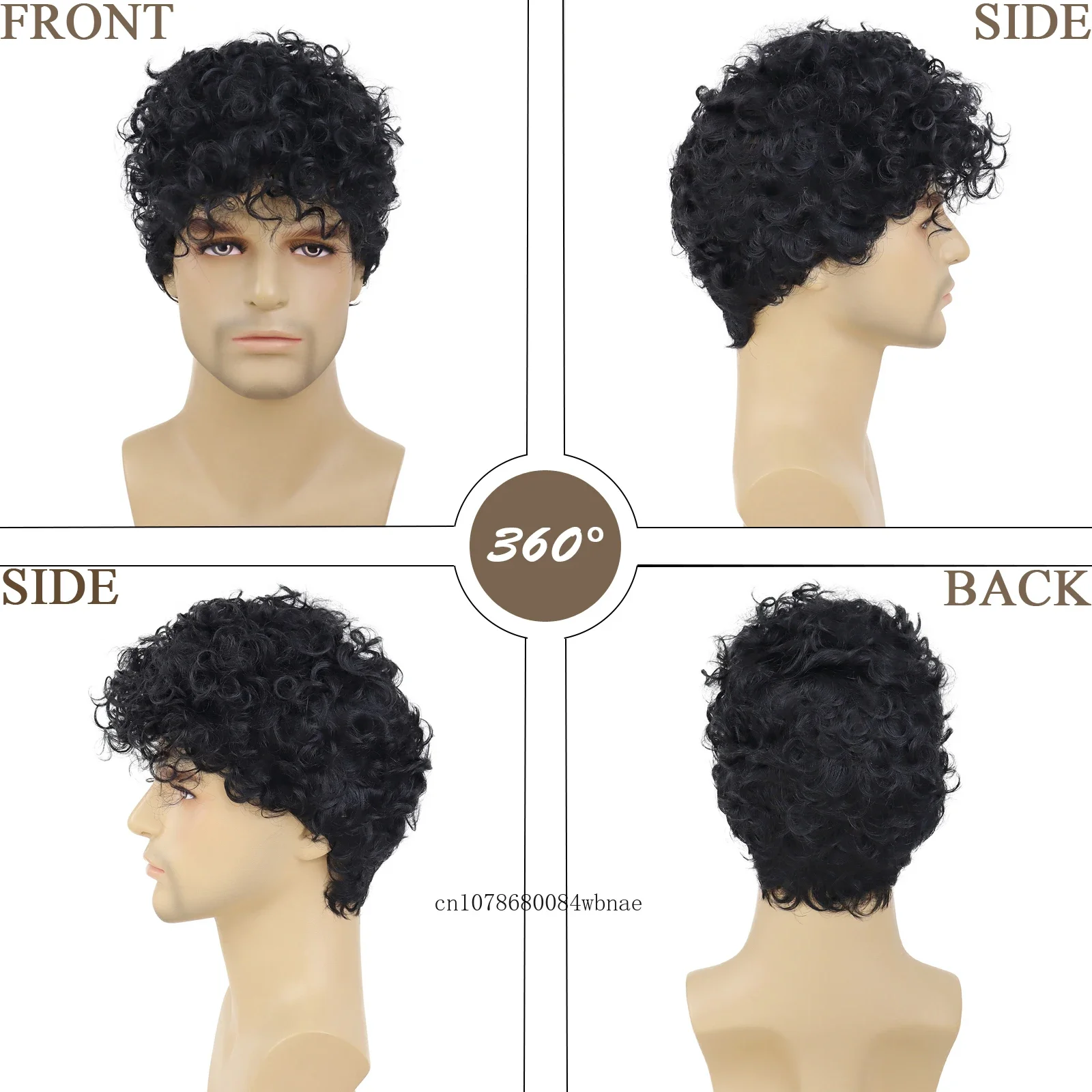 Peruca afro encaracolada preta, fibra sintética, curta, encaracolada, com franja, para homens, peruca masculina, fantasia diária, festa, substituição de cabelo