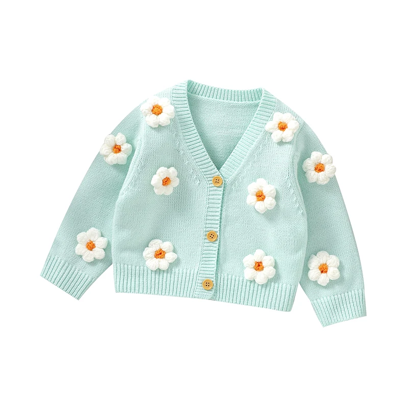 Sweet Long Sleeve V-neck Single Breasted Baby Girls Spring & Fall Coat Knitted Acrylic Babies Cardigan For 6-36 Months Newborn