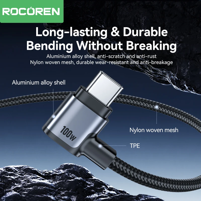 Rocoren USB Type C Cable 90 Degree Elbow Type-C USBC PD100W Fast Charging Cable For iPhone 15 Pro Max Samsung Xiaomi Data Wire