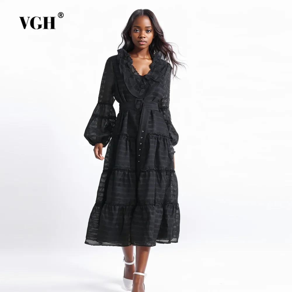 

VGH Elegant Spliced Ruffles Solid Dresses For Women V Neck Long Sleeve High Waist Patchwork Belt Temperament Dress Dress Female