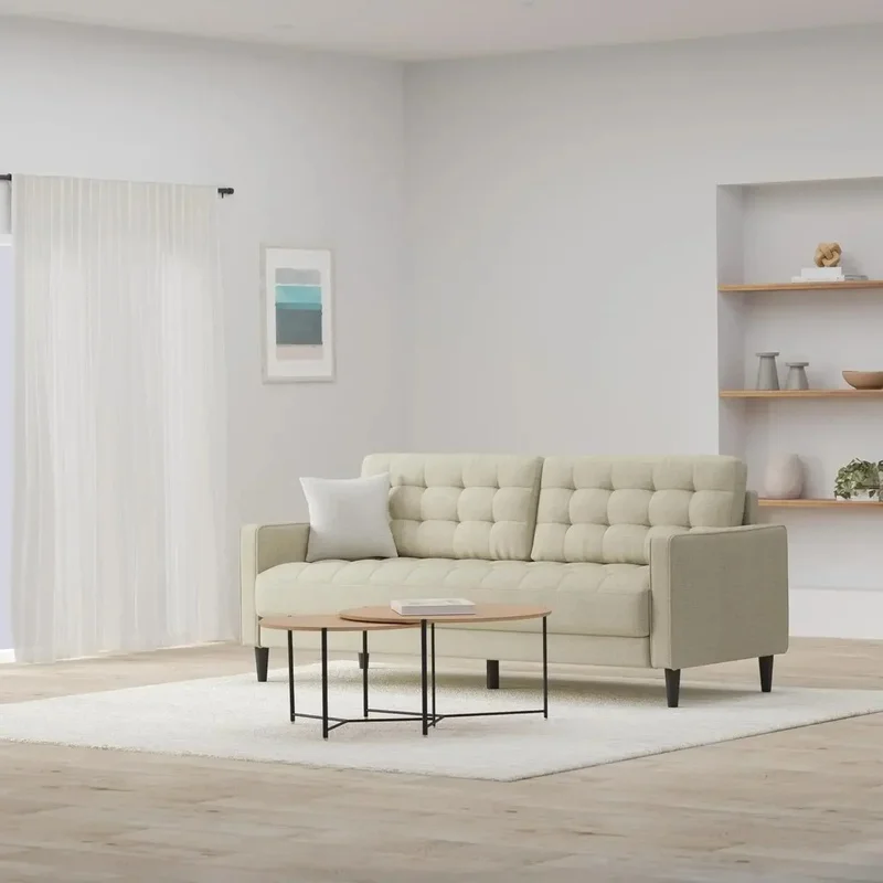 Grid Tufted Cushions Sofa Couch in Beige Color with Easy Assembly