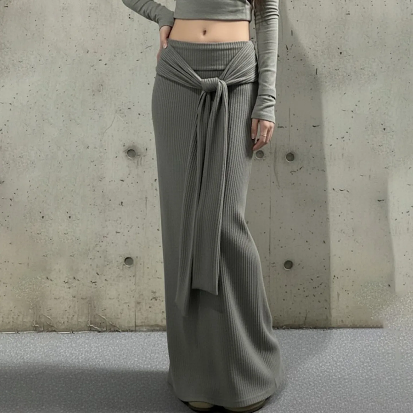 

Autumn New Waist Strap Design Gray Knitted Skirt Spice Girl Slim Low Waist Hip Long Skirt Y2k Goth Long Skirt Skirts