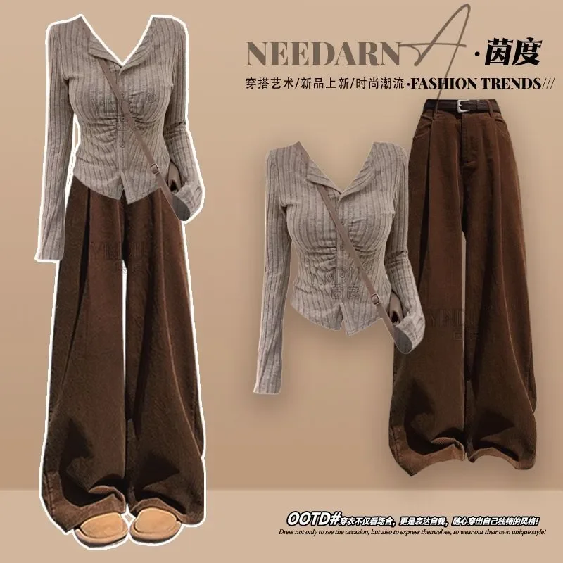 

Весенне-осенний женский костюм, новинка 2025, корейский топ с длинными рукавами, повседневные широкие брюки, комплект из двух предметов