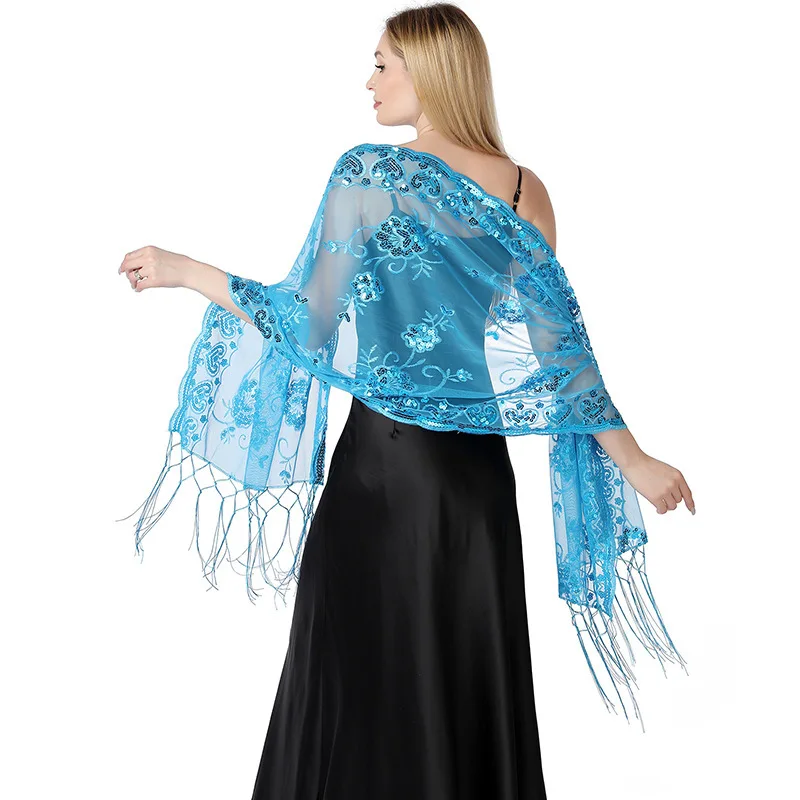 

A Flower Bead Embroidered Elongated Tassel Shawl Brides, Bridesmaids, Dances, Parties, Evening Gowns, Shawls For Women