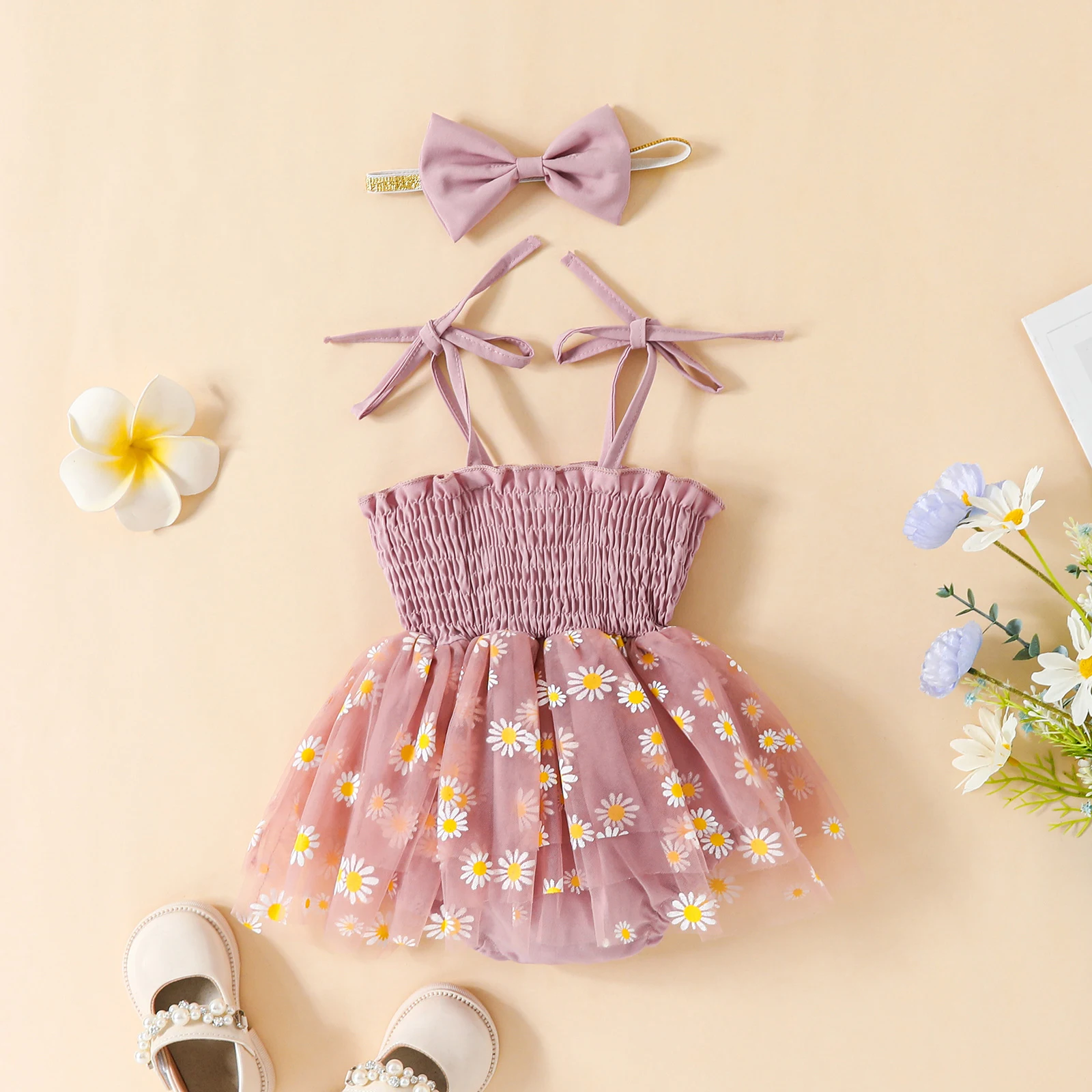 2023 Summer New Baby Girls Romper Set Spaghetti Straps Pleated Flower Print Tulle Patchwork A-line Dress with Bowknot Headband