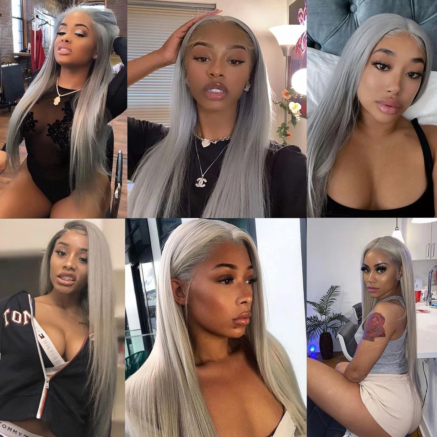 13x4 실키 스트레이트 그레이 레이스 프론트 가발 인간의 머리카락 레이스 프론트 롱 스트레이트 가발 여성용 자연 헤어 라인 일일 파티 사용 가발