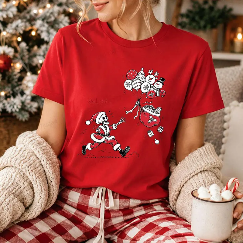 Ho Ho Ho Christmas Graphic T-shirt Funny Skeleton Santa Print Kids Xmas Short Sleeve Tee Shirts Christmas Party Outfit Gifts