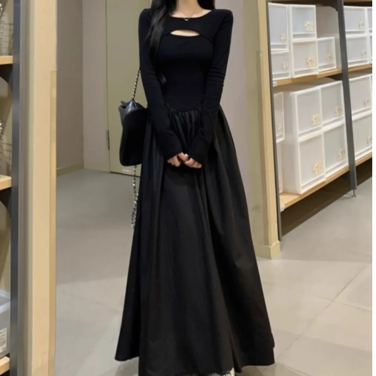 أنيقة سوداء الفرنسية خمر فستان طويل المرأة الراقية هيبورن ملابس داخلية فستان آلهة نمط مخفي سستة إغلاق تنورة