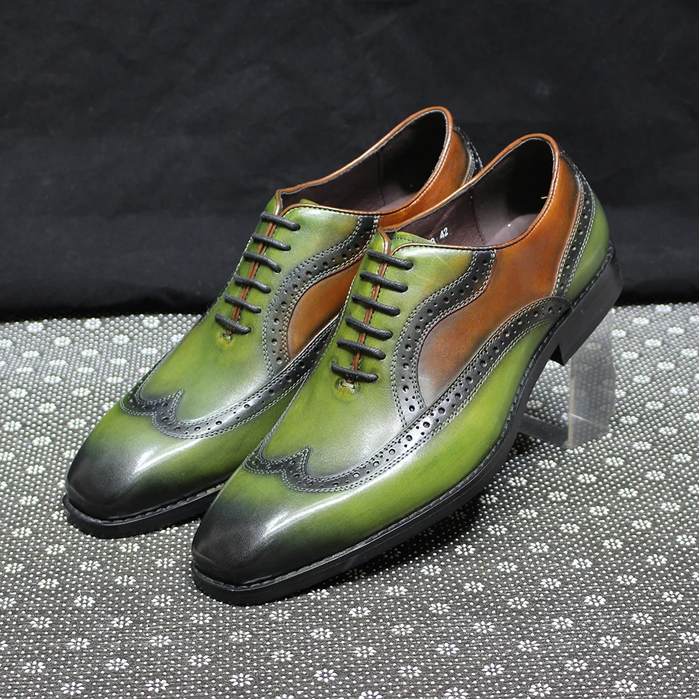 Luxury Men's Oxfords Genuine Leather Handmade Wingtip Lace-Up Office Dress Shoes for Men Wedding Party Formal Oxford Shoes Green