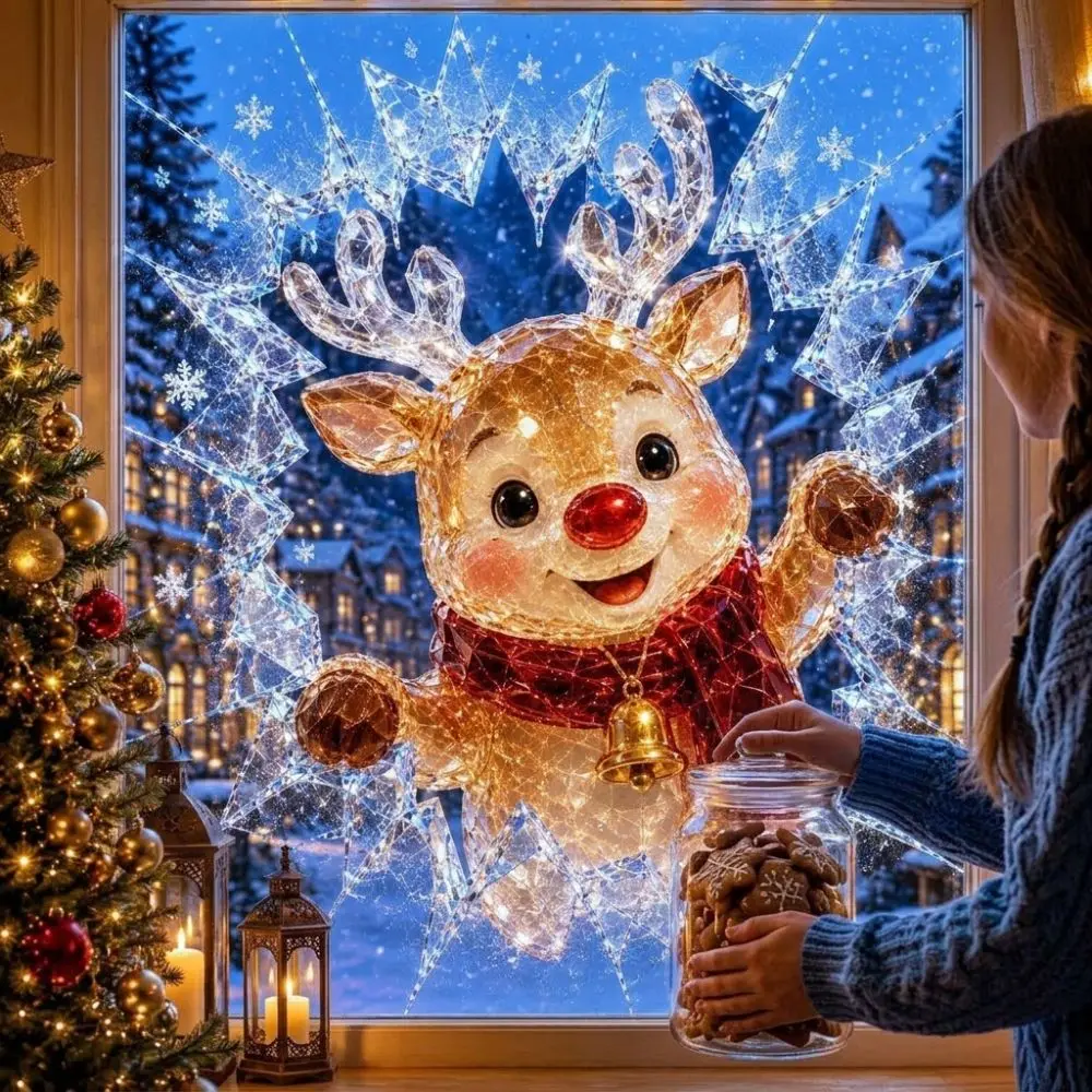 Cartoon Crystal Break-In Christmas Decal Static Cling PVC Fake Broken Glass Cling Decal Snowman Bear Broken-Ice Effect