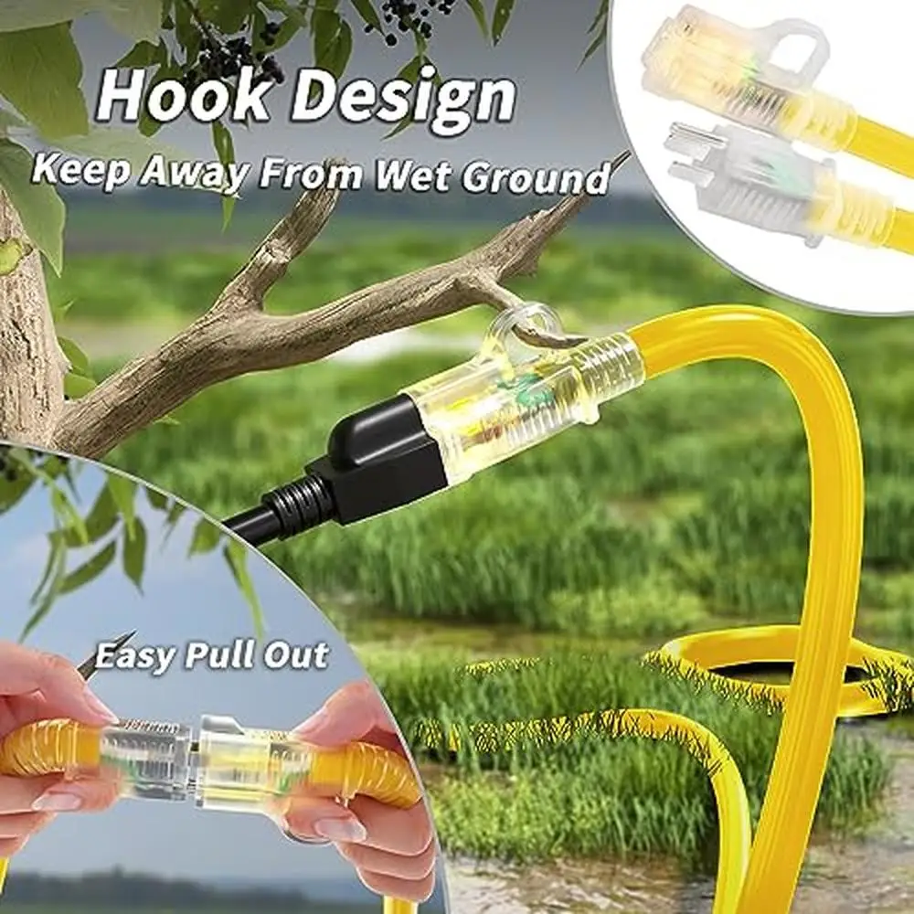 100ft Yellow Outdoor Extension Cord 14/3 Gauge Waterproof Lighted Indicator Flexible Prong Plug Safe Cold Weatherproof Power