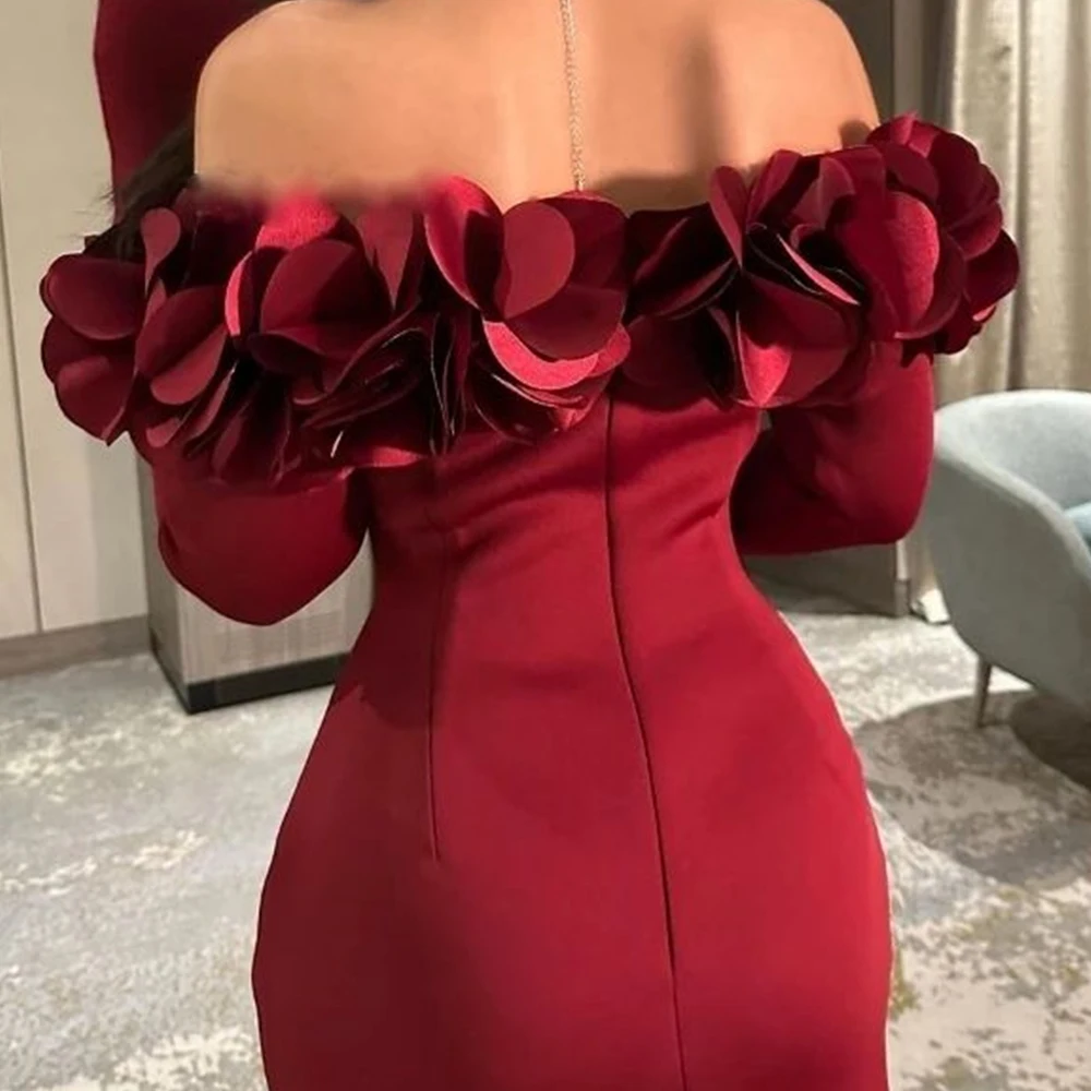 Customized Classic Ankle Length Pleats Flowers Evening Dresses Temperament Straight Off the Shoulder Long Sleeves Party Gowns