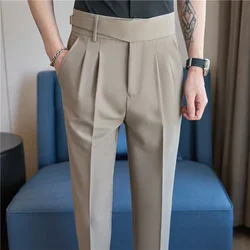 High Waisted Men Dress Pants Trousers 2024 Autumn Solid Casual Slim Suit Pants Business Straight Pantalones Hombre Men Clothing