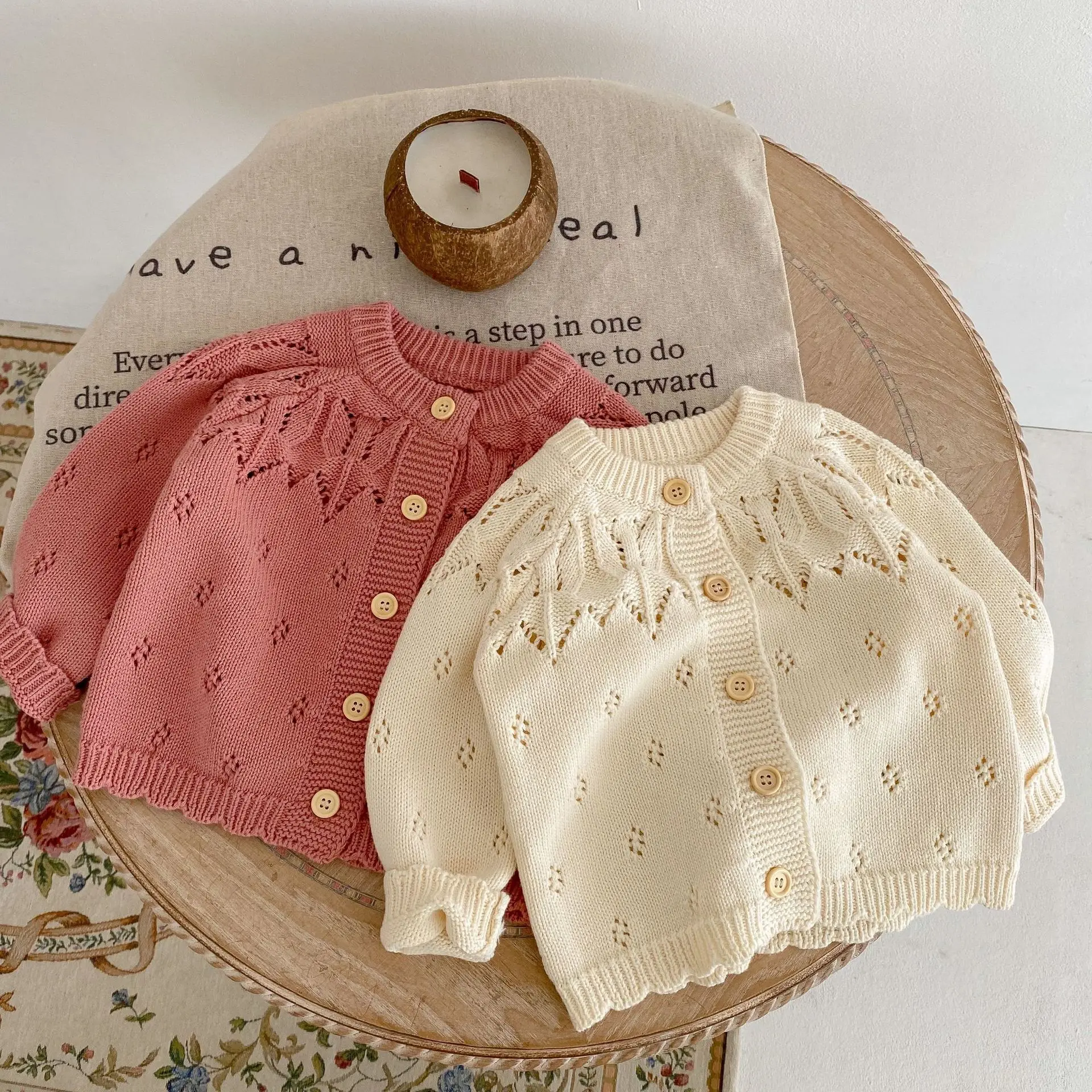 2023 Infant/Toddler Baby Jacket Hollow Jacquard Knitted Cotton Coat with Long Sleeves and Air-Conditioning Cardigan