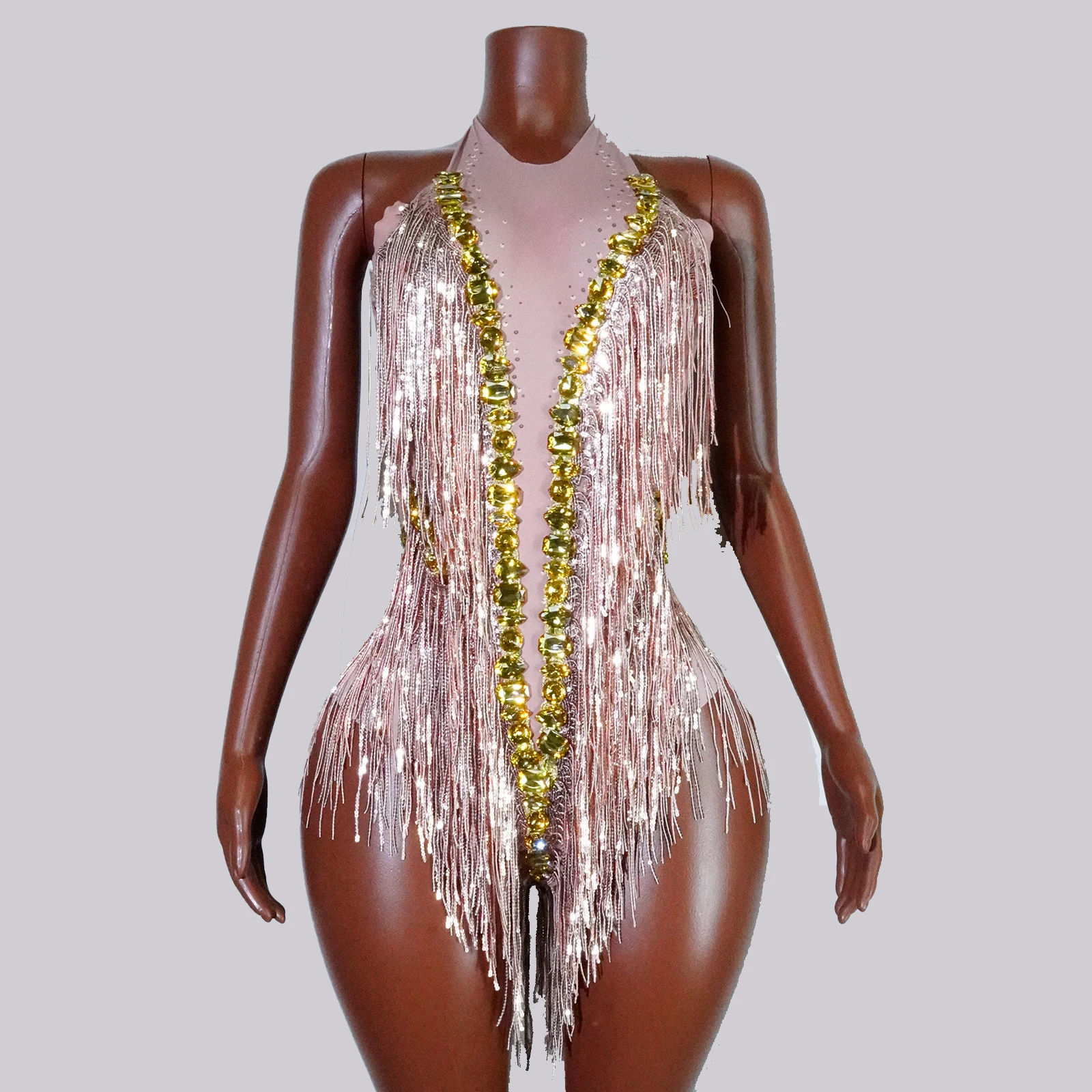 

sexy golden rhinestone bodysuit Stage sequin Tassel club party Singer crystal Leotard show pole dance Celebrate festival outfit